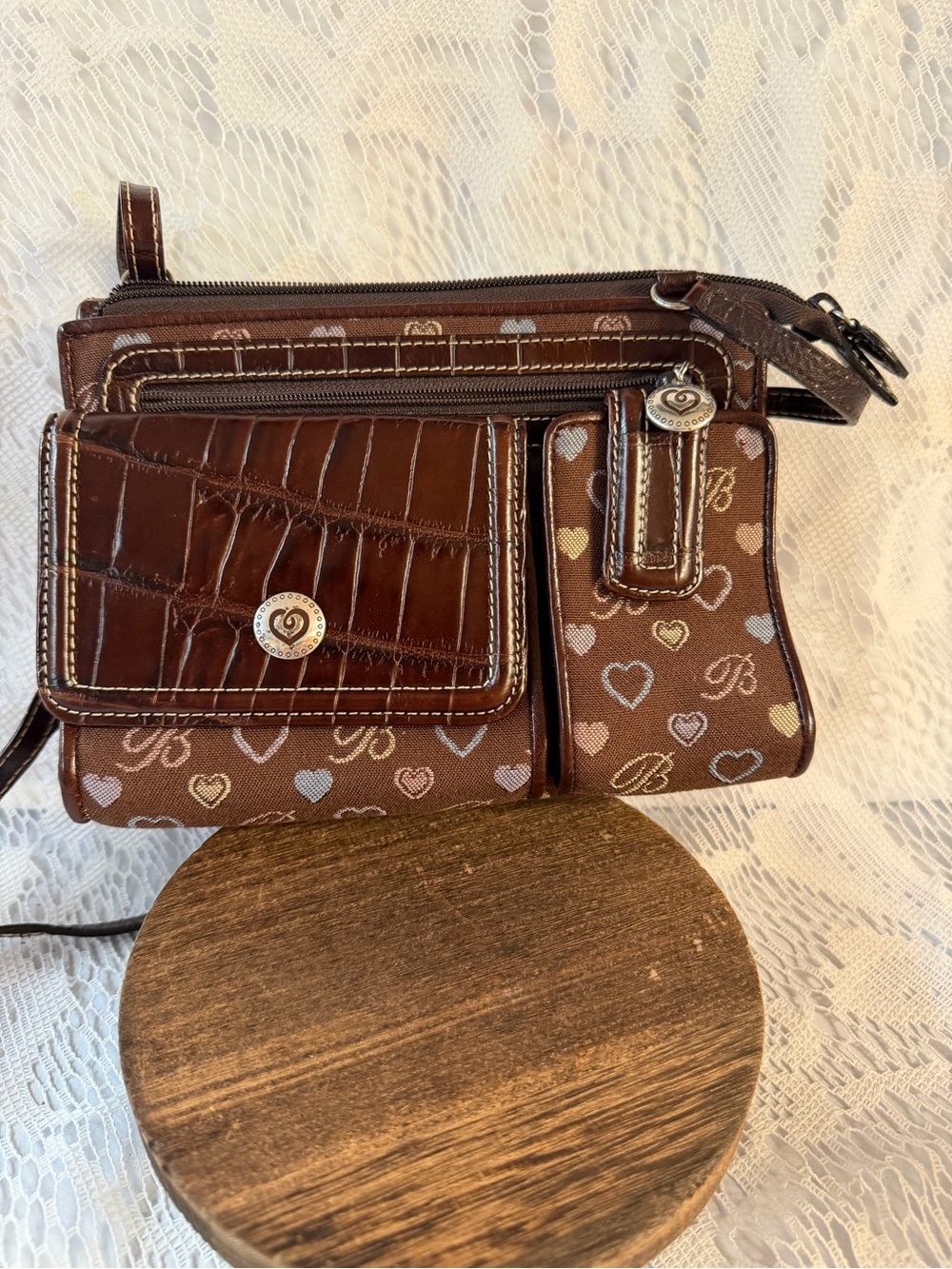Brighton Croc Embossed & Woven Heart Print Organizer Crossbody Bag